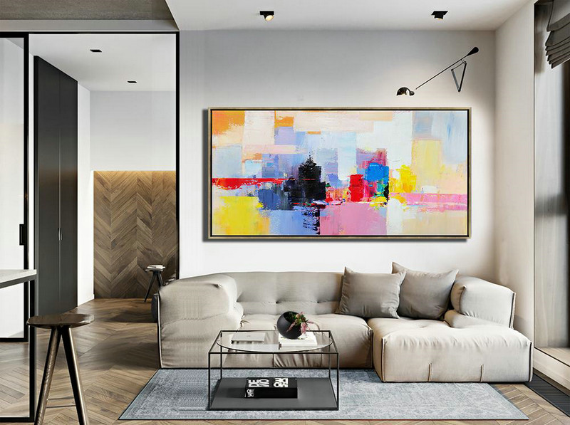 Oversized Canvas Art On Canvas,Horizontal Palette Knife Contemporary Art Panoramic Canvas Painting,Big Art Canvas,Black,Pink,Yellow,Red,Blue.etc